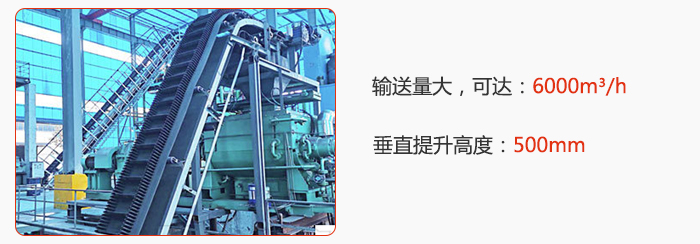 大傾角帶式輸送機輸送量大，可達：6000m3/h，垂直提升高度：500mm